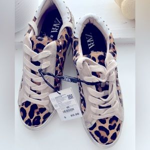 NWT- Zara pony hair animal print studded leather sneakers.